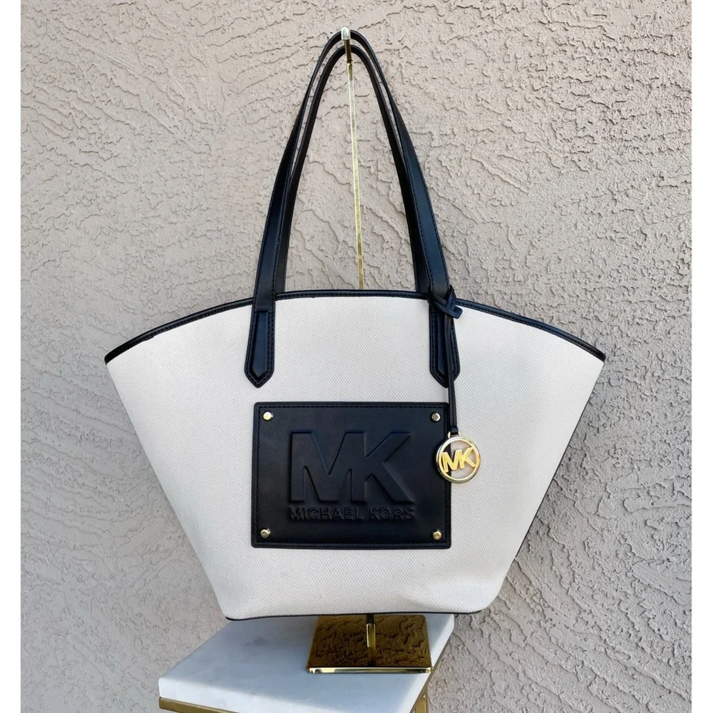 MICHAEL KORS Neutral Cream & Black Large Canvas Leather Kimber Logo Tote Bag